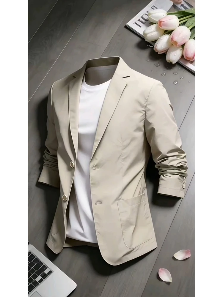 

Khaki Men's Suit Jacket Thin Summer Business Commute Quick Dry Sun Protection Outerwear Fashionable Urban Style Standard Fit