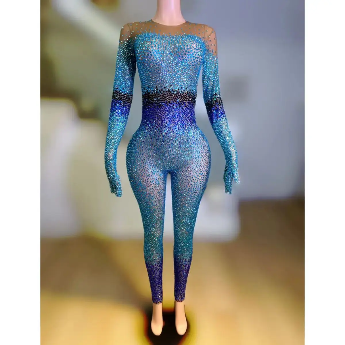 

Full Diamond Long Sleeve jumpsuit Nightclub DJ Bar Female Singer Dance Team Sexy Performance Dress Party Theme Show Clothing