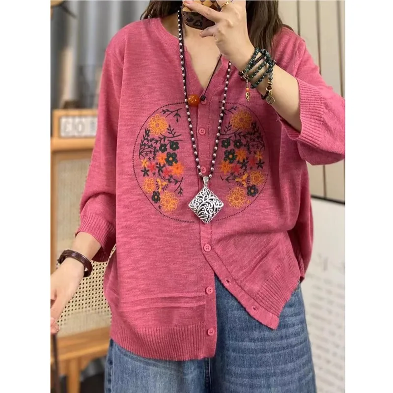 

2024 New Arrival Spring Summer Loose Casual V-neck Long Sleeve Cotton Knitting Sweater Floral Print Single Breasted Coat V439