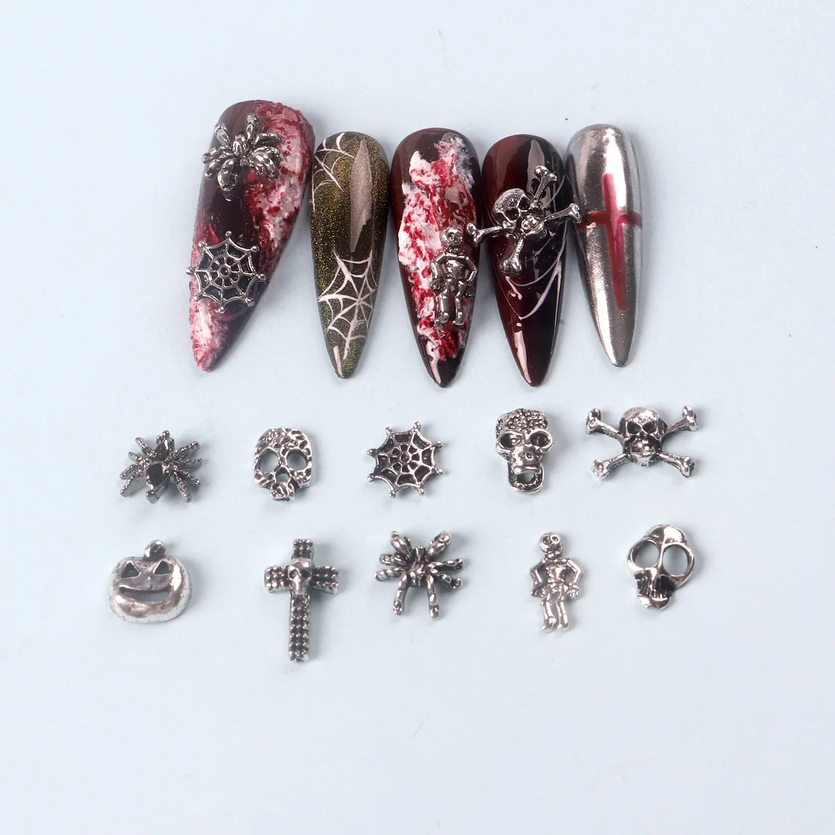 TSZS New 3D Vintage Halloween Charms for Nail 50pcs/bag Silver Cross Pumpkin Bat Gothic Retro Nail Art Charms