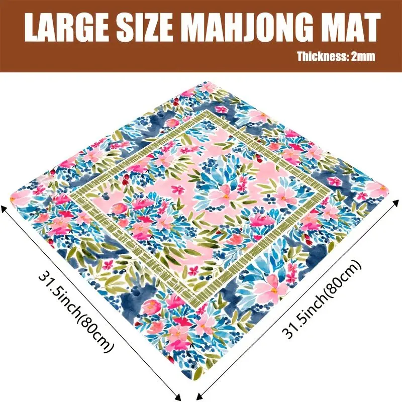 VIKAMA Fresh Blue and Pink Floral Mahjong Mat, Non-Slip, Washable Square Poker and Mahjong Table Mat, Home Decor
