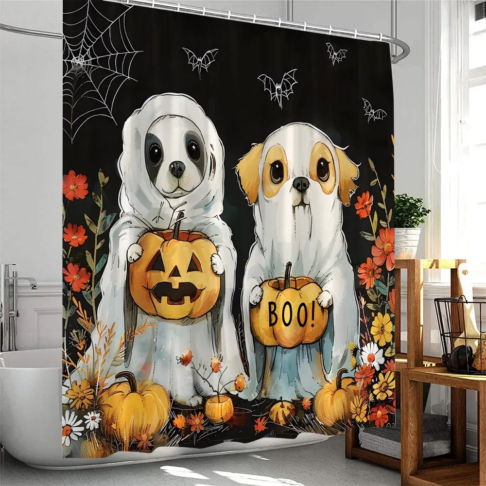 Halloween Shower Curtain Dogs Funny Skeleton Pumpkin Lantern Modern Bathroom Decor Polyester Fabric Bath Curtain with Hooks