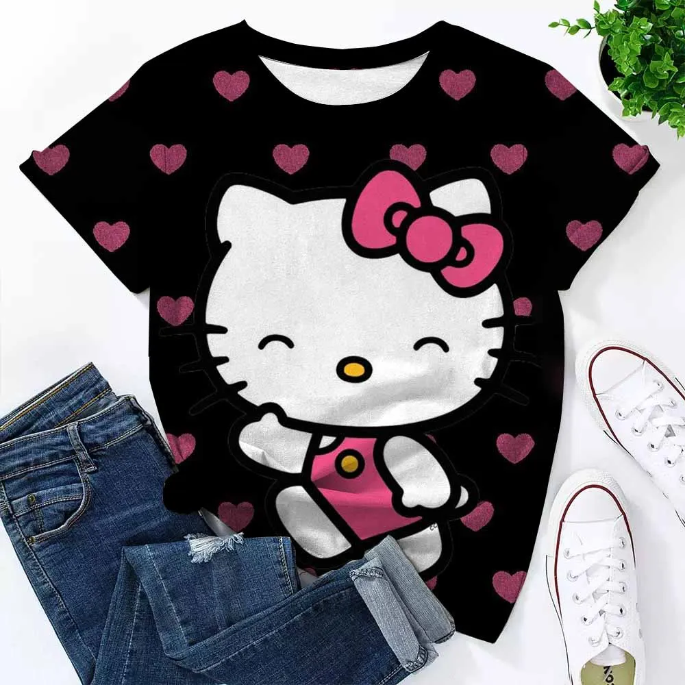 

2025 New Summer High Quality Hello Kitty Anime Printed T-shirt Vitality Street Casual Women's O-neck Short sleeved Top