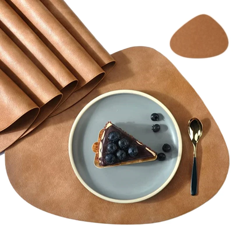 

1/6/10sets Leather Brown Placemats Irregular Shape Heat Resistant Wipeable Washable Place Mats, Morden Waterproof Oil Proof