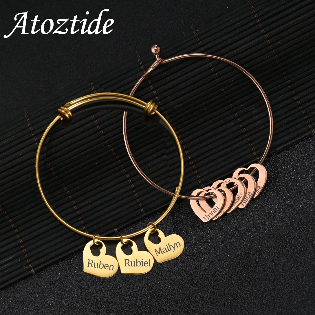 

Atoztide Personalized Custom Name Bracelet For Women Stainless Steel Heart Bangle Adjustable Mother Kids Family Jewelry Gift