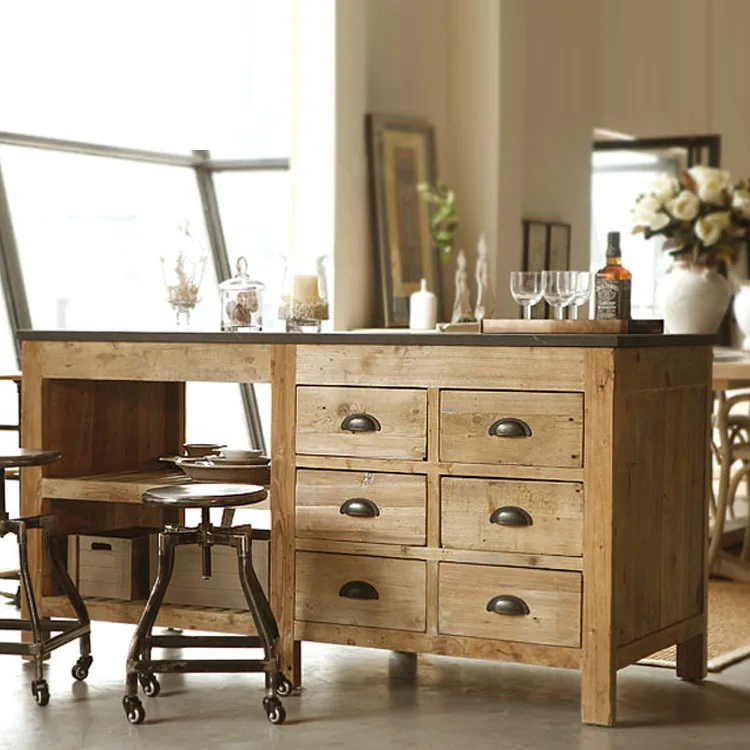 

North American multifunctional retro solid wood dining side cabinet cupboard creative kitchen island table operation table dinin