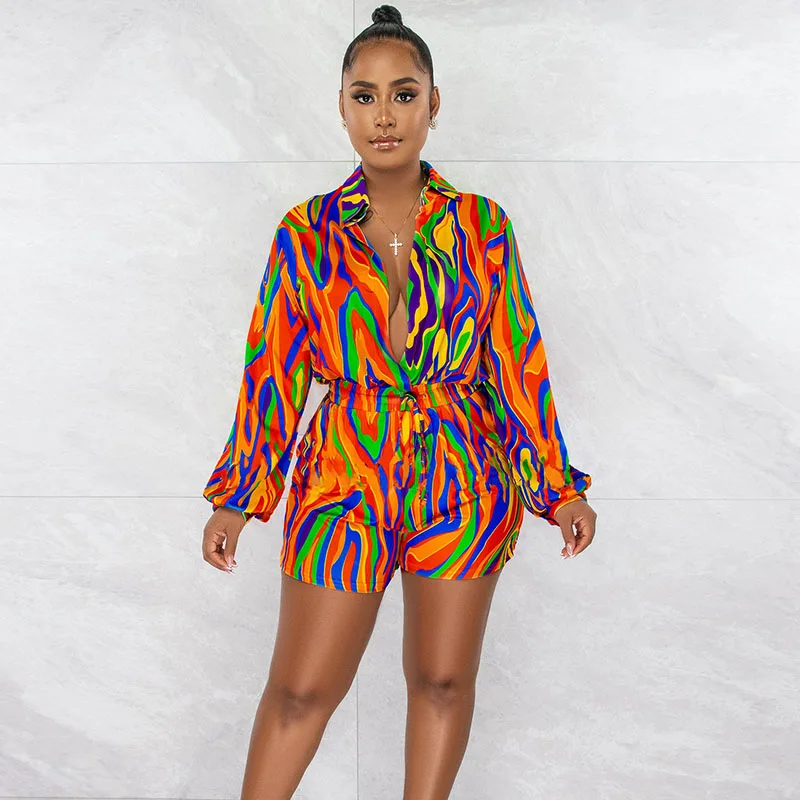 

Colorful Tie Dye Print Long Sleeve Shirt Style Playsuit Women Fall Clothes Casual One-pieces Rompers Club Party Jumpsuit Shorts