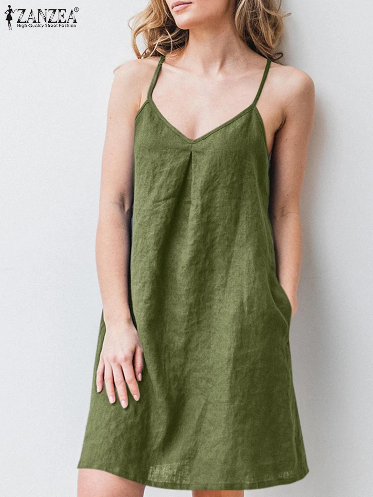 ZANZEA-Robe de plage à bretelles spaghetti pour femmes, décontractée, col en V, été, 2025