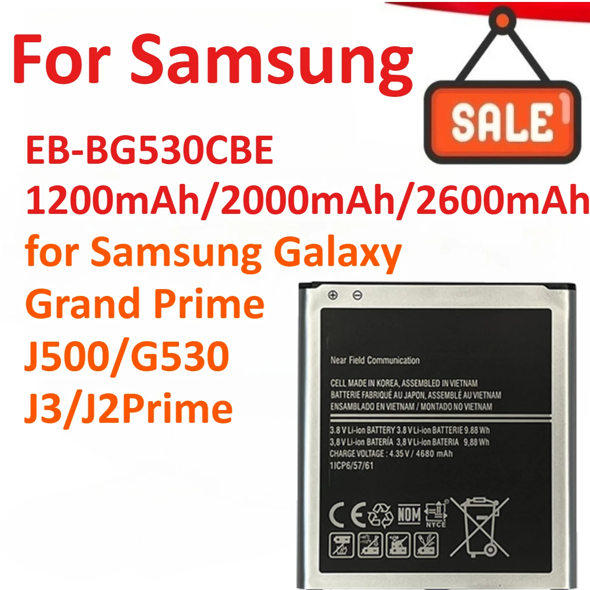 

EB-BG530CBE 1200mAh/2000mAh/2600mAh for Samsung Galaxy Grand Prime J500/G530/J3/J2Prime Mobile Phone Batterie