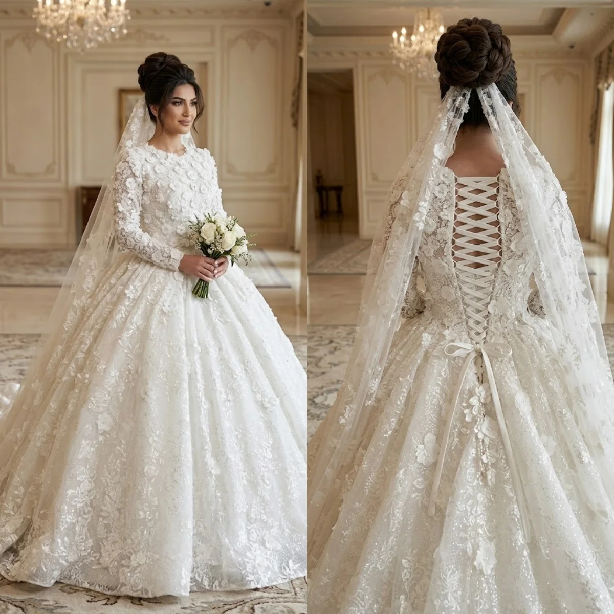 

Custom Luxury 3D Floral Muslim Ball Gown Wedding Dress 2026 Long Sleeve Corset Back Bridal Gown Plus Size Vestido De Novia