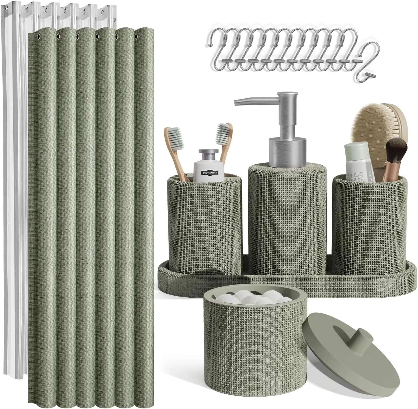 

Набор для ванной комнаты цвета шалфейной зелени с занавеской для душа, 19 предметов, включая дозатор для мыла и держатель для зубных щеток