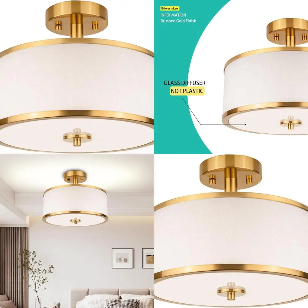 

Modern 3-Light Semi Flush Ceiling Fixture, 12.6 Gold Drum with White Fabric Shade, Suitable for Living Spaces and Kitchens