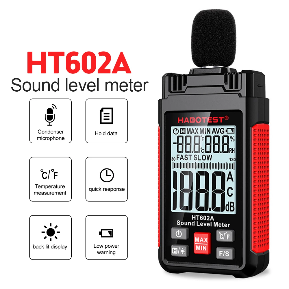 HABOTEST HT602 Sound Level Meter Digital Handheld DB Meter Sonometros Noise Audio Level Meter 30-130dB Decibels Mini Sound Meter