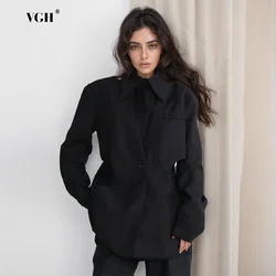 VGH Solid Hollow Out blazer temperamento per le donne colletto dentellato manica lunga tunica a bottone singolo top moda autunno femminile nuovo