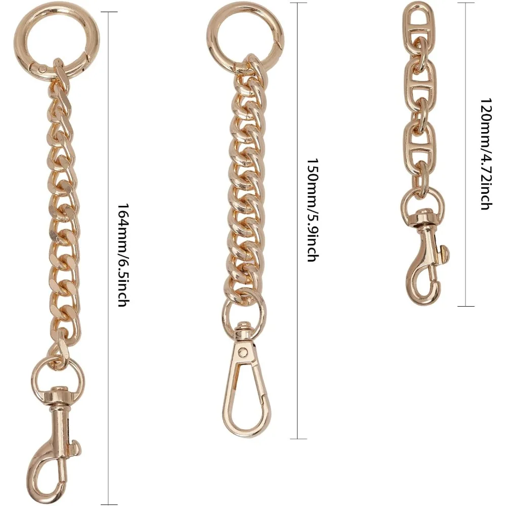 3Pcs 3Styles Alloy Link Chain Bag Purse Strap Extender with Swivel Clasps for Purse Clutch Bag Replacement Accessoies Golden