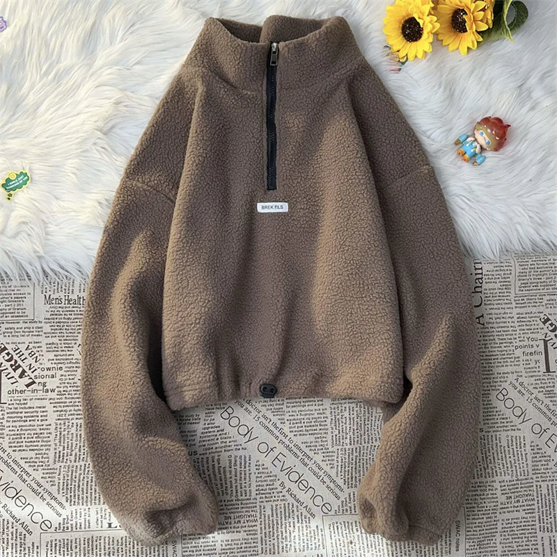 

Autumn Long Sleeves Lamb Wool Ladies Sweatshirt Zipper Female Sweatershirts Lazy Wind Stand Collar Women Hoodies