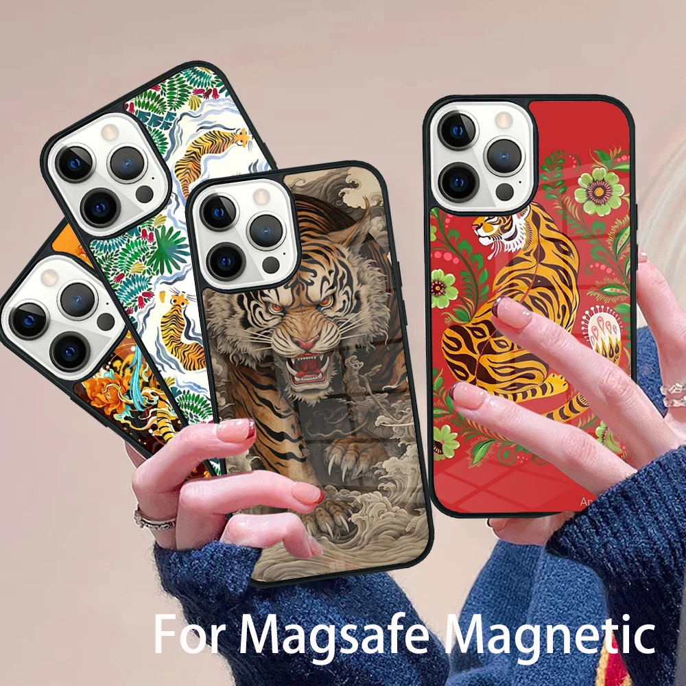 

Japanese Tiger Phone Case Magesafe Magnetic Wireless Charge Cover For IPhone 16 11 12 13 14 15 Pro Max Plus Mini