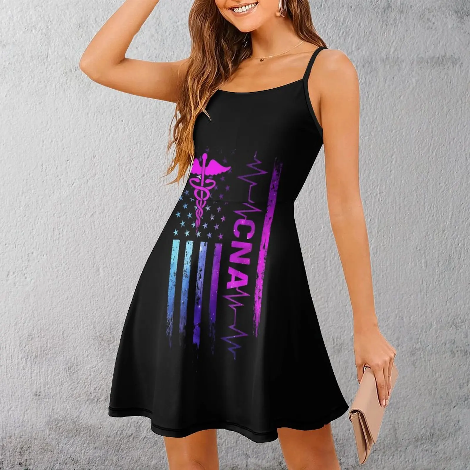 CNA Flag Caduceus Stars Women's Sling Dress Hot Sale Sexy  Woman's Dress Humor Graphic  Clubs Strappy Dress