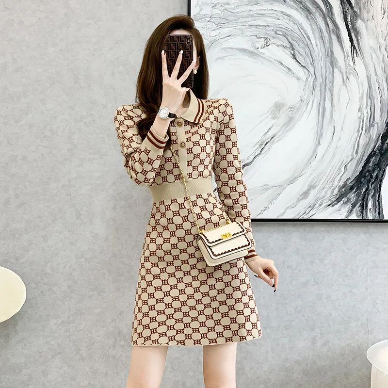 #0977 Khaki Sweater Dress Polo Neck Buttons Vintage Mini Dress Slim Fit Knitted Short Dress Female Sexy Short Retro Pencil Dress