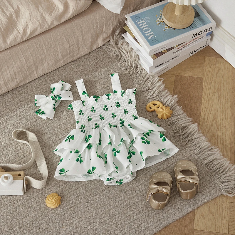 Listenwind Baby Girls Irish Romper Dress For Summer Sleeveless Clover Print Sweet Romper with Headband For 0-18 Months