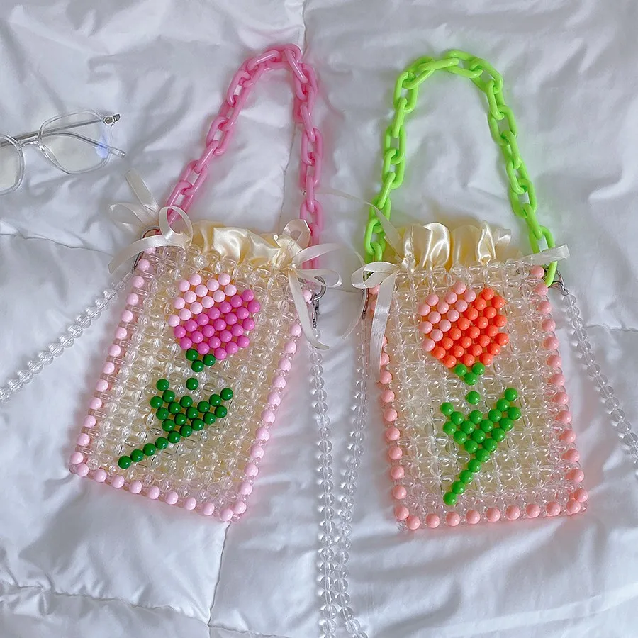 Bolso con cuentas y diseño de flor de tulipán a la moda, bolso tejido a mano acrílico transparente de primavera, bolso cruzado con cadena de Color caramelo para teléfono