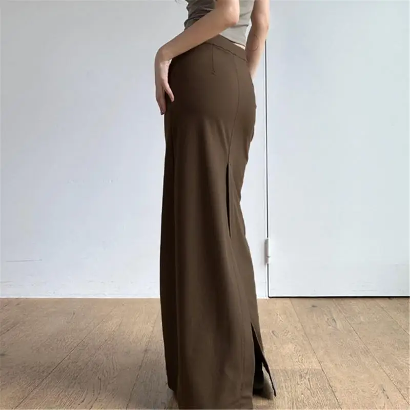 スリムフィットロングスカート女性のためのバックスリットディテール弾性ハイウエストラップヒップマキシストレートスカートオフィスレジャーウェア F3MD