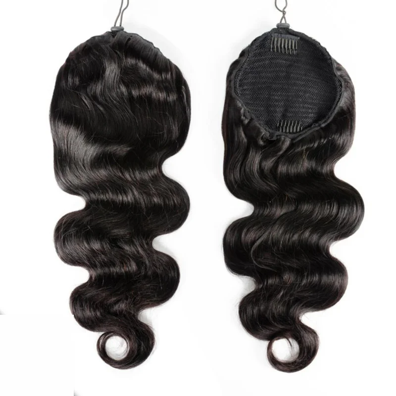 Ponytail Human Hair Body Wave Drawstring Human Hair Ponytails Extensions 18 20 22 Inches Natural Black Wrap Around Clip In Hair