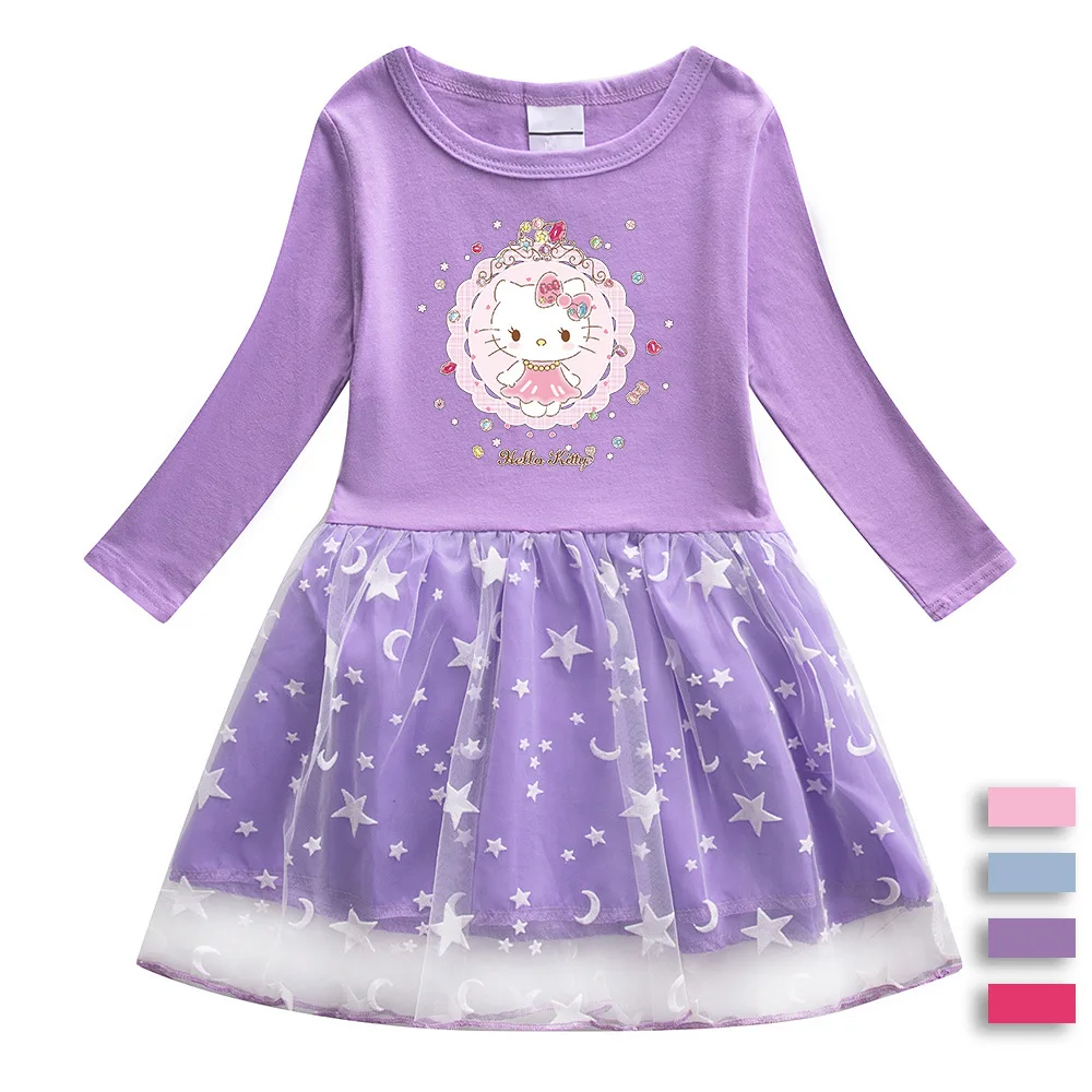 Hello Kitty Princess dress Cute Cartoon Print Children Cotton Fashion Pleated Star Moon net Yarn long-sleeved casual Girls Skirt