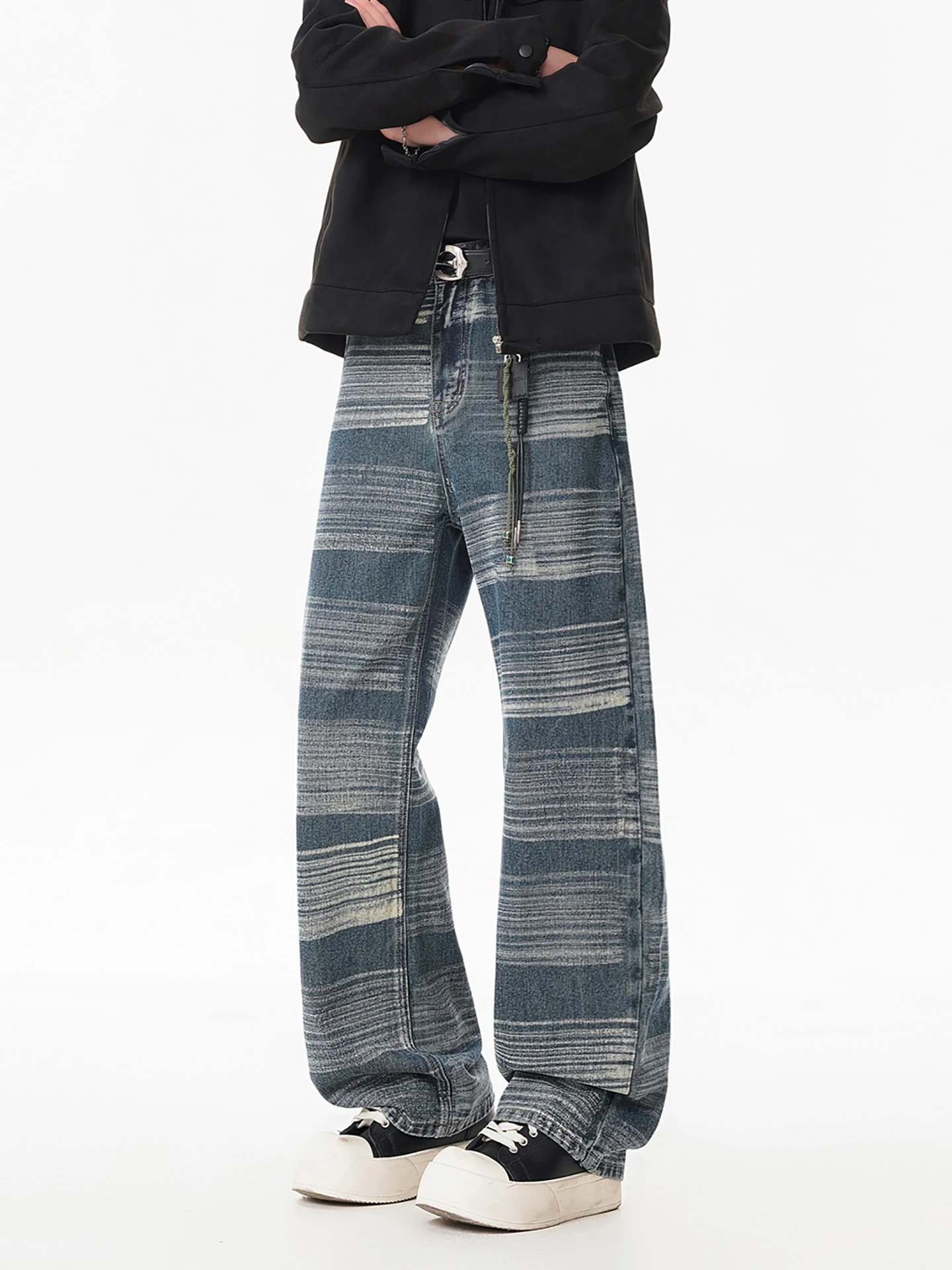 

Boyue American Retro Wide Leg Denim Jeans ex Waed Stripe Splicing Straight Long Pants Men's Women's Winter Stand Fit