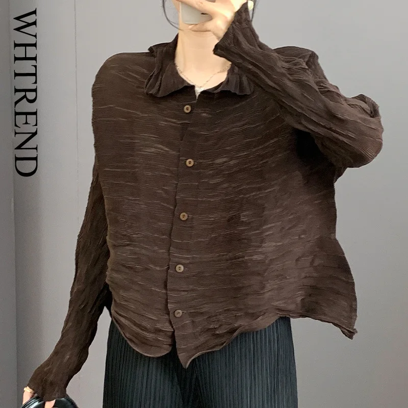 

WHTREND Handmade Pleated Shirt Niche Design Autumn New Style Buttoned Stand Collar Solid Color Irregular Shirts Top WH1068