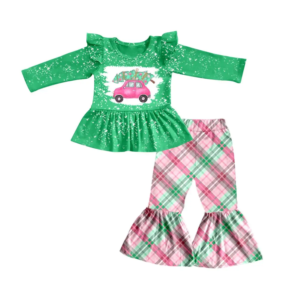 The Most Fashionable Kids Clothes Kids Green Plaid Flared Pants Set Christmas Tree Bleach Set