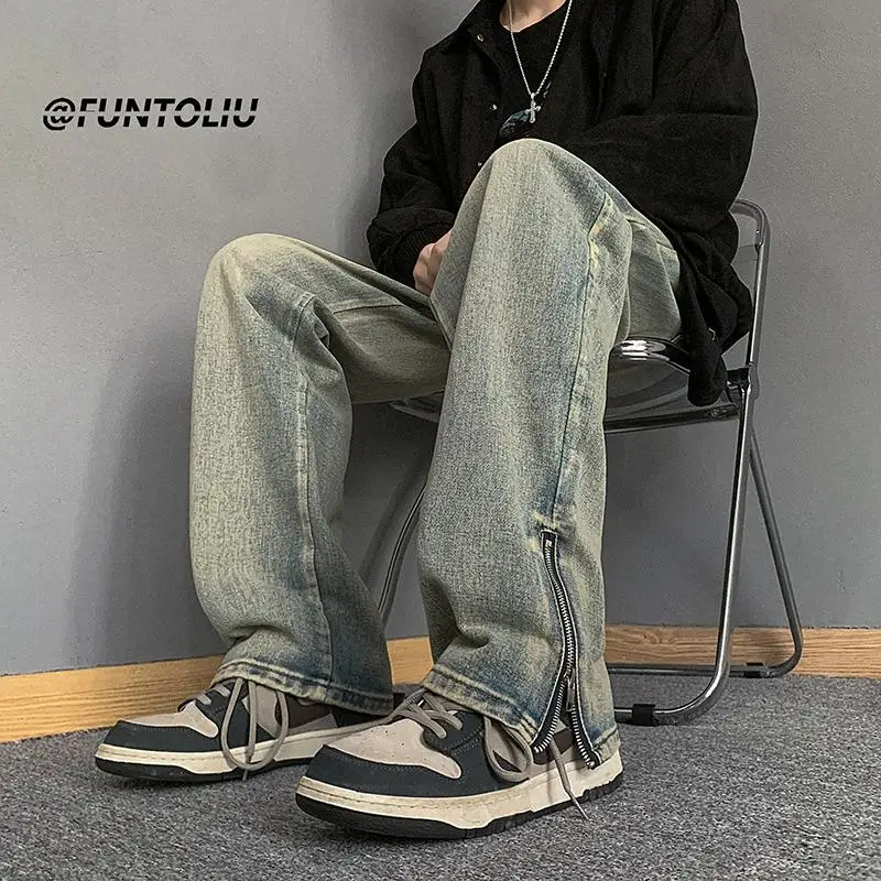 

American Retro Men's Jeans Spring Autumn New Straight Leg Loose Casual Long Trousers Trendy mid Waist Zipper Jeans