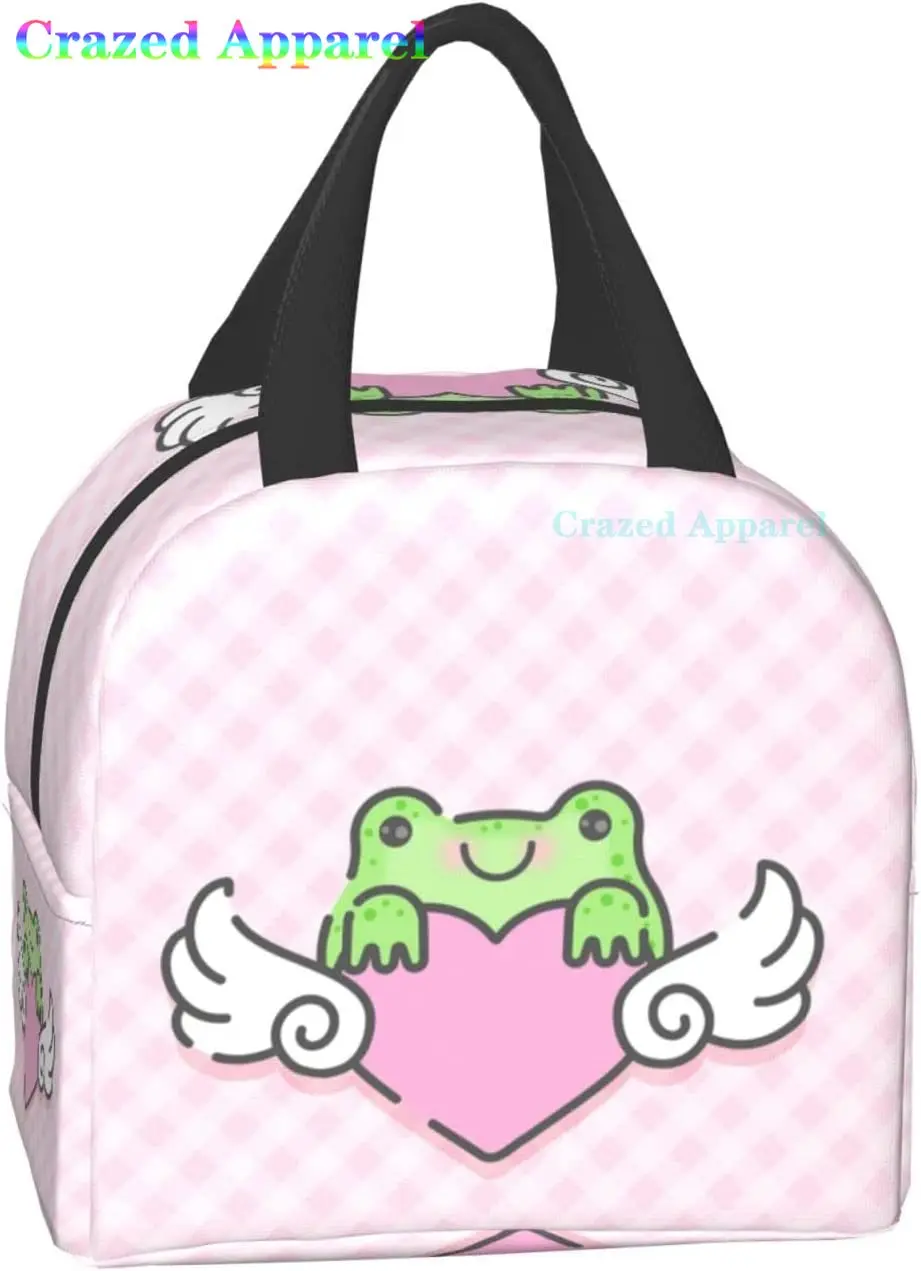 Lovely Little Frog with Winged Heart Print Lunch Box, Kawaii Small Insulation Lunch Bag, Reusable Food Bag Lunch Containers Bags