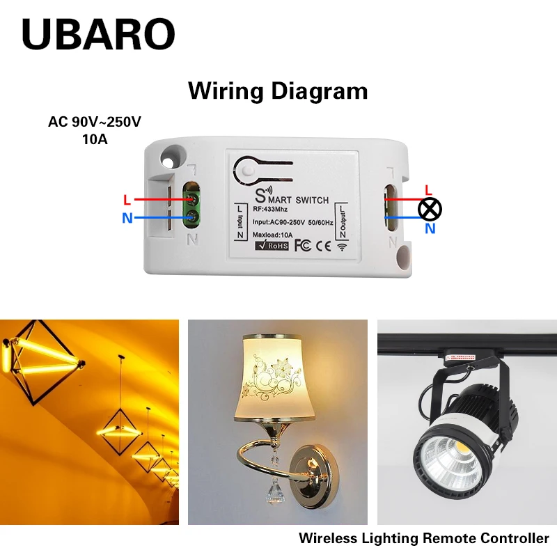 UBARO 433 RF Wireless Remote Switch ON OFF Module For Light Lamp Led Breaker Single Control Key No Battery AC 90-250V 10A