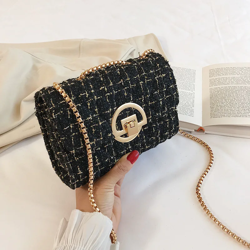 2024 New Luxury Designer Fashion Women\'s Ins Tweed Chain Messenger Bags Hasp Flap Pocket Korean Shoulder Crossbody Totes Handbag