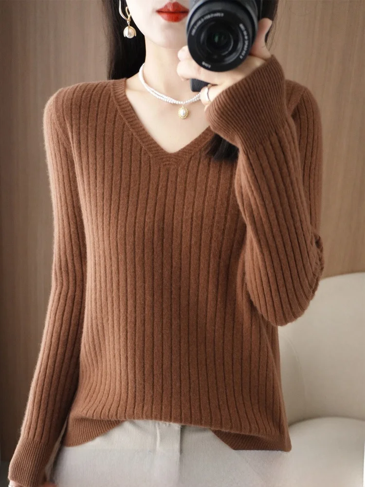 Autumn Winter New Style V-Neck Cashmere Sweater Women's Drawstring Inner Shirt Fashionable Loose Wool Knitted Top