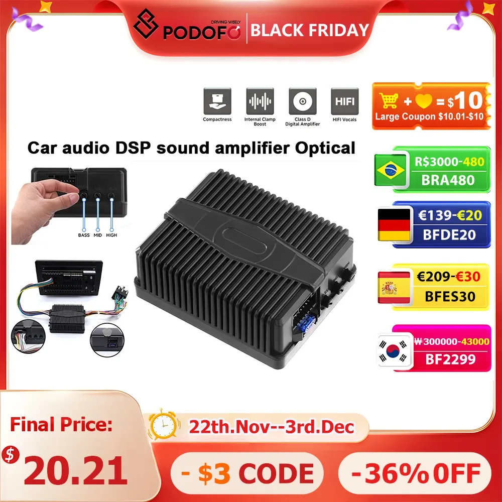 Podofo DAP Sound Processor HiFi Sound DAP Chip 9-16V DAP Sound Equalizer DSP Amplifier Box For Car Stereo Car Speakers Car Radio