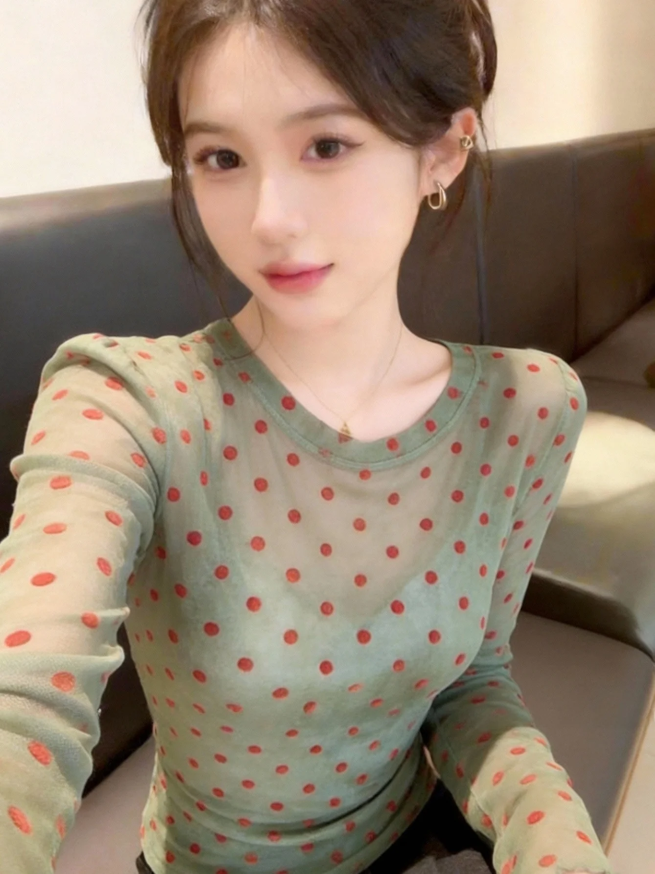 

Spring 2026 een Long Sve Women's Base irt Translucent Design Sensation Polka Dot Lace Micro Translucent Sunade Cover up