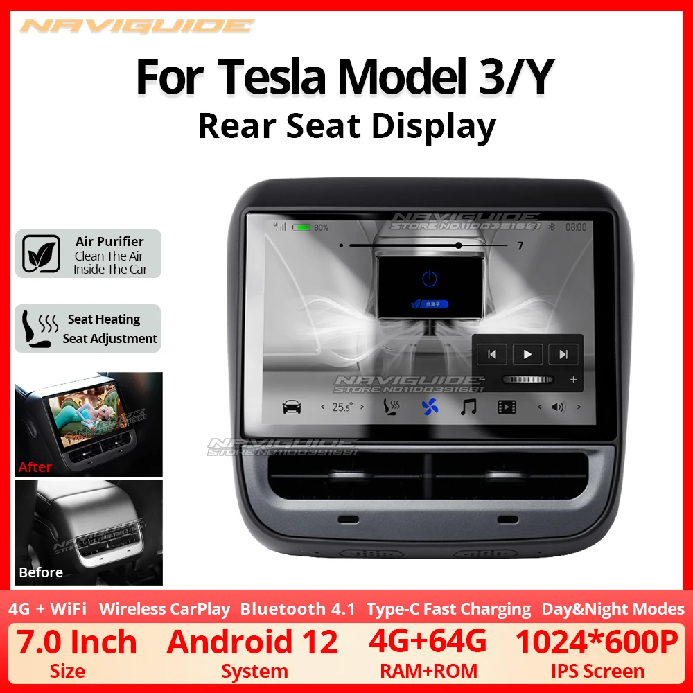 NAVIGUIDE Android 12 7.0 Inch 4+64G For Teslal Model 3 / Y Carplay Rear Display Pane Air Conditioner Control 1024*600 4G Wifi