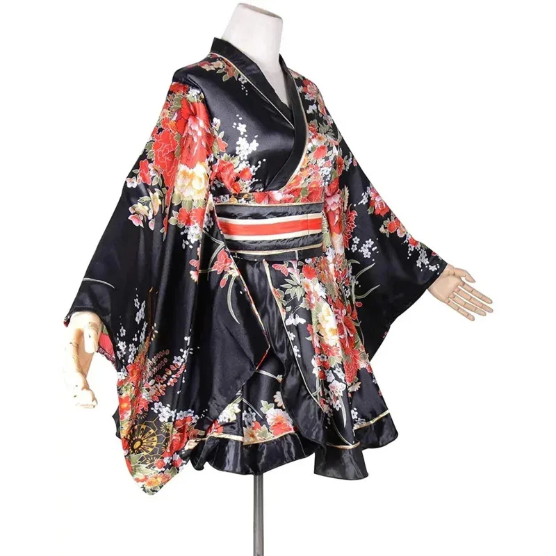 Women's Kimono Costume Adult Japanese Geisha Yukata Sweet Floral Patten Gown Blossom Satin Bathrobe Sleepwear with OBI Belt F