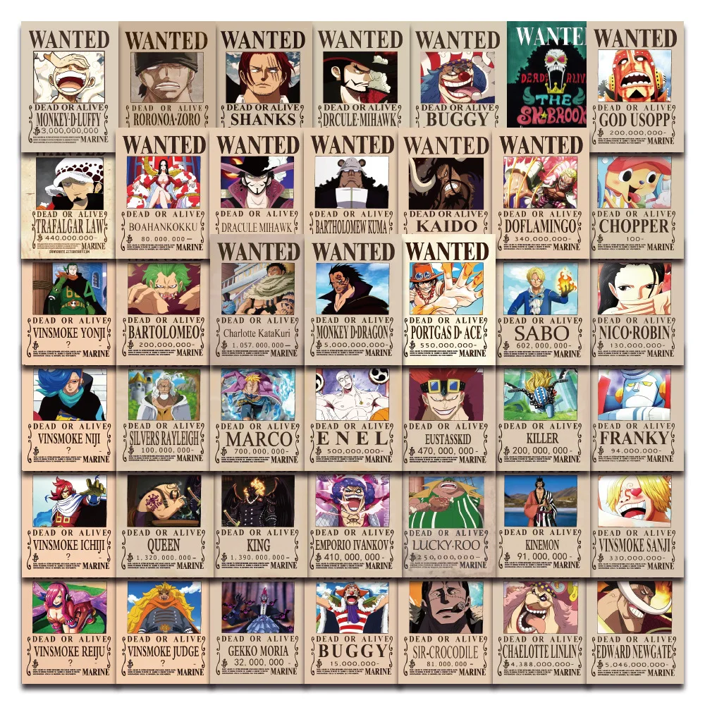 

60PCS One Piece Character Wanted Poster Stickers for Decorating Cartoon DIY Anime Luggage Phone Cases Notebooks Scrapbooks Gifts