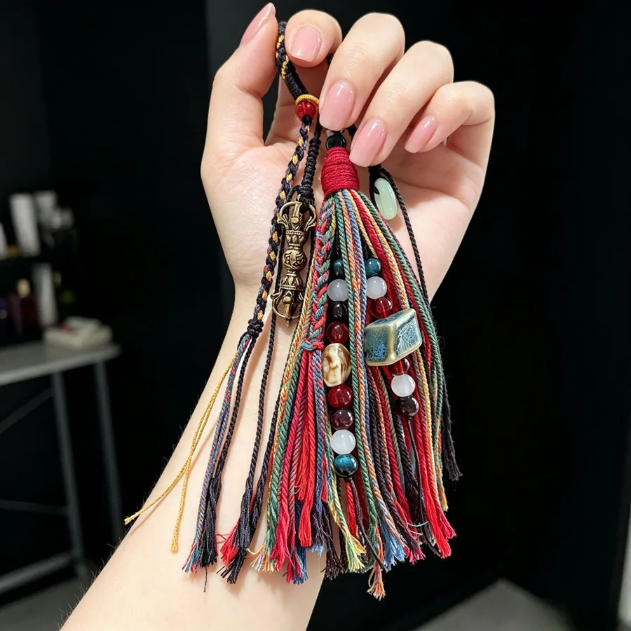 Tibetische Quaste mit Kupfermünzen und Perlen, Vajra-Stößel-Anhänger, gewebtes Lanyard, DIY-Schlüsselanhänger, Handyriemen, Taschen- und Auto-Hängeaccessoire – Detail 15