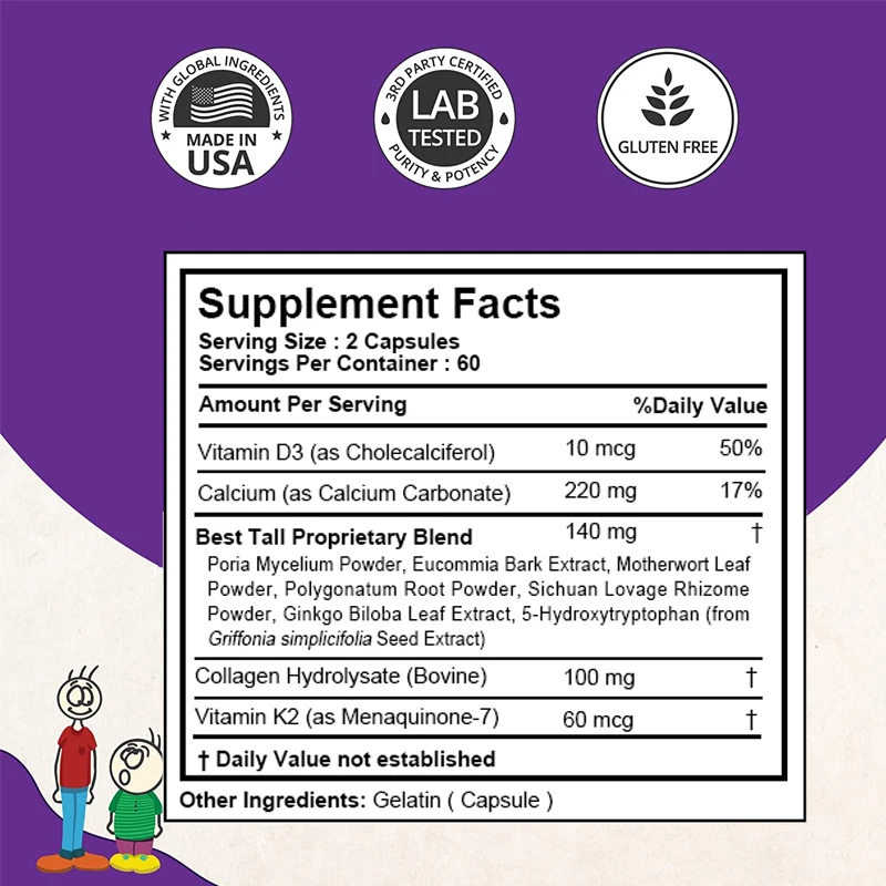 청소년과 어린이를 위한 키 보충제, 뼈 성장 촉진, 키 증가, 골밀도 및 관절 건강