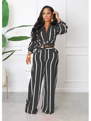 Women's Autumn Winter Fashion Striped Printed Long Sleeved Single Breasted Shirt Loose Pants Casual Comfortable Two-piece Set