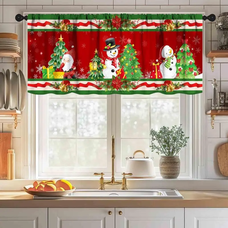 VIKAMA Christmas Window Valance Red Background White Snowflake Star Xmas Balls Kitchen Holiday Window Curtain Decor