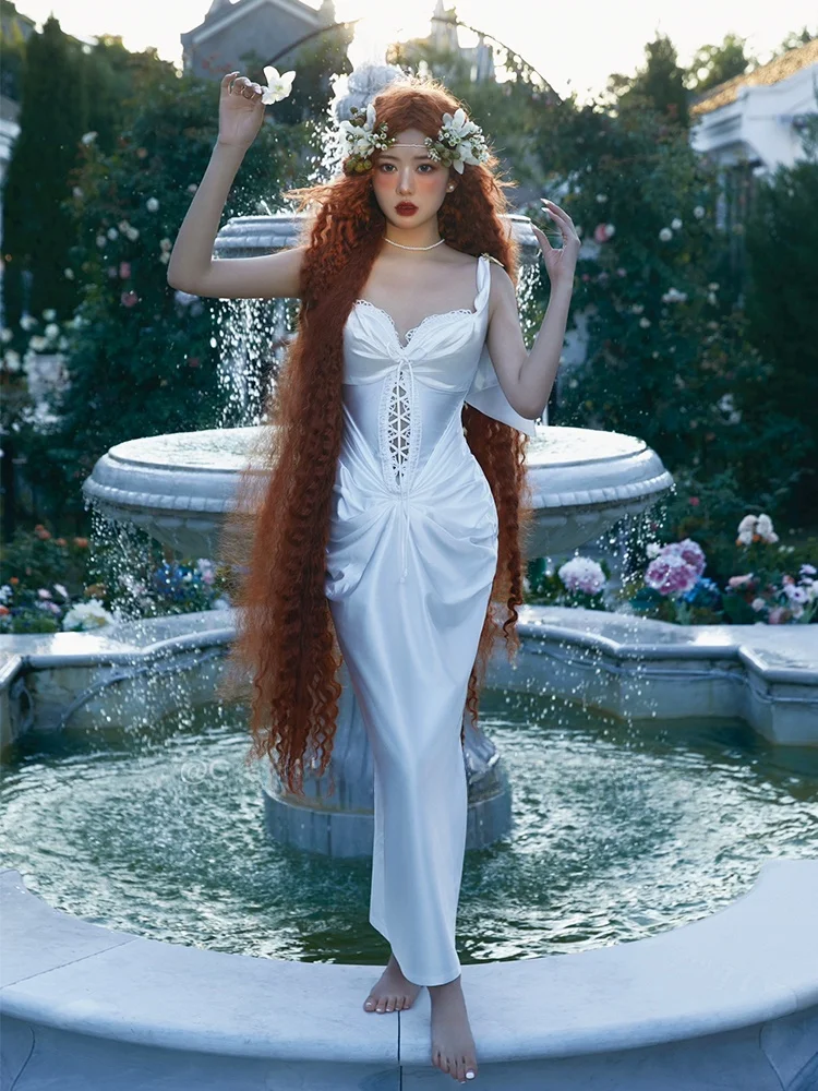 

Белое вязаное платье Ele с жемчужной отделкой, эластичными вставками, V-образным вырезом и бретелями, легкое, для свадьбы, с завышенной талией, облегающее, длинная юбка