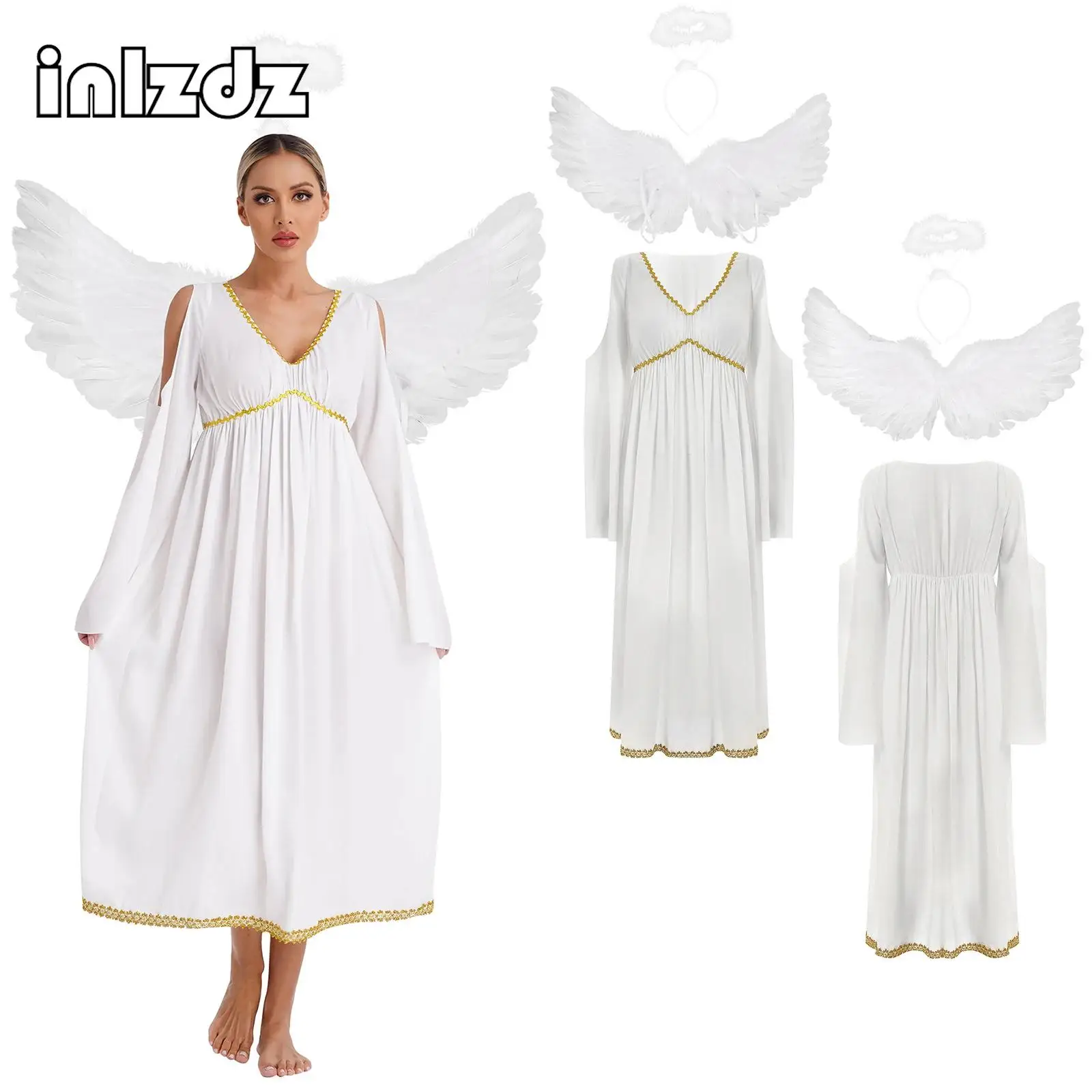

Women Halloween Angel Costume Flare Sleeve Empire Gold Waved Trim Flowy Angel Dress+Headband+Feather Wings Party Performance Set