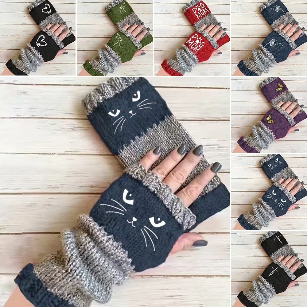 Trendy Accessories Embroidered Knit Gloves Thickened Warm Half Finger Gloves Cotton Soft Fingerless Gloves Autumn Winter