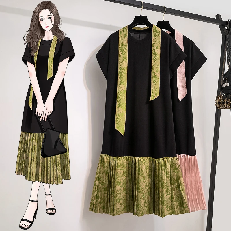 Women Cotton T-shirt Dresses Summer Female O Neck Short Sleeve Large Size 3XL Elegant A Line Loose Black Chiffon Pleated Vestido