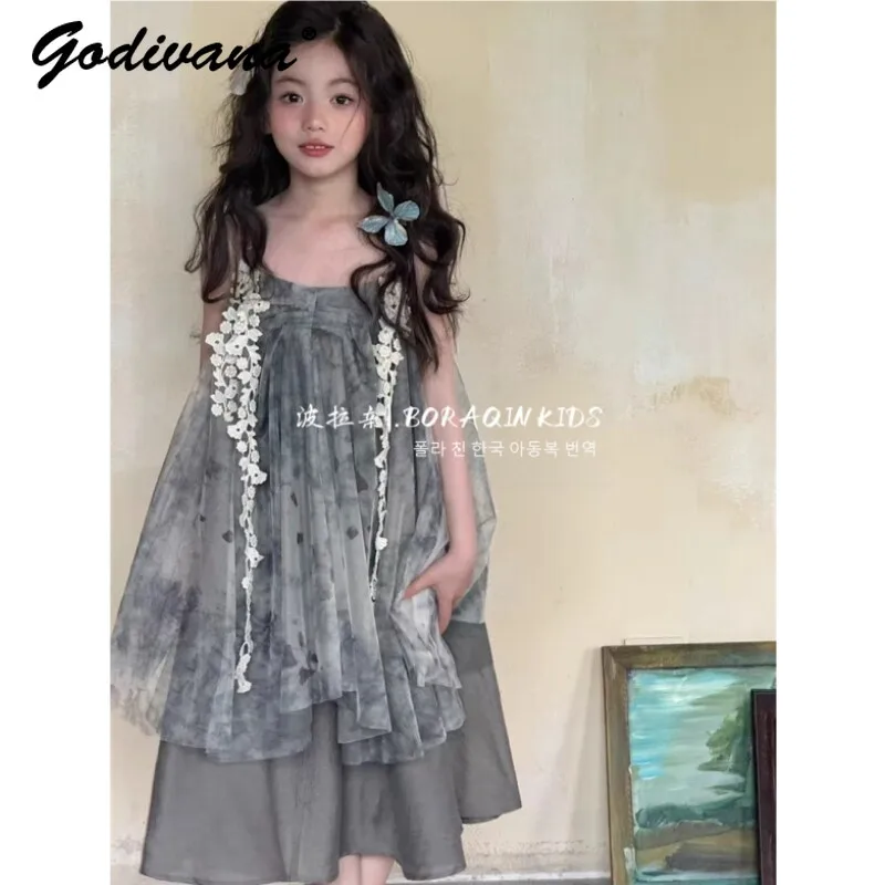 

Sweet Girls Elegant Korean Sleeveless Slip Dress Childrens 2026 Summer New Tie-dye Patchwork Mesh Loose Breathable Casual Dress
